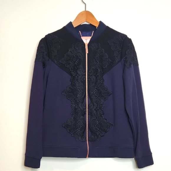Ted Baker Elegant Navy Blue Lace Relax Jacket - Picture 1 of 6